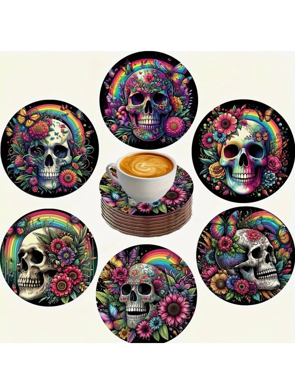 New - 6pcs - Dia de los Muertos Skull & Rainbow 
Design Wooden Coasters Set